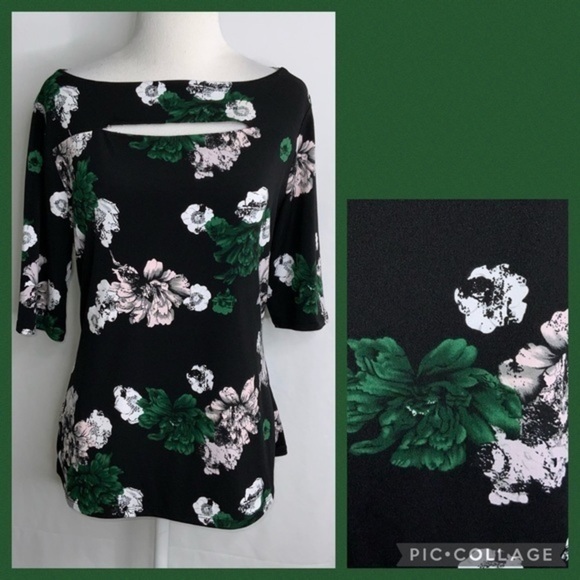 Carmen Marc Valvo Black Green White Floral 1/2 Sleeve Stretchy Blouse M - Picture 2 of 10